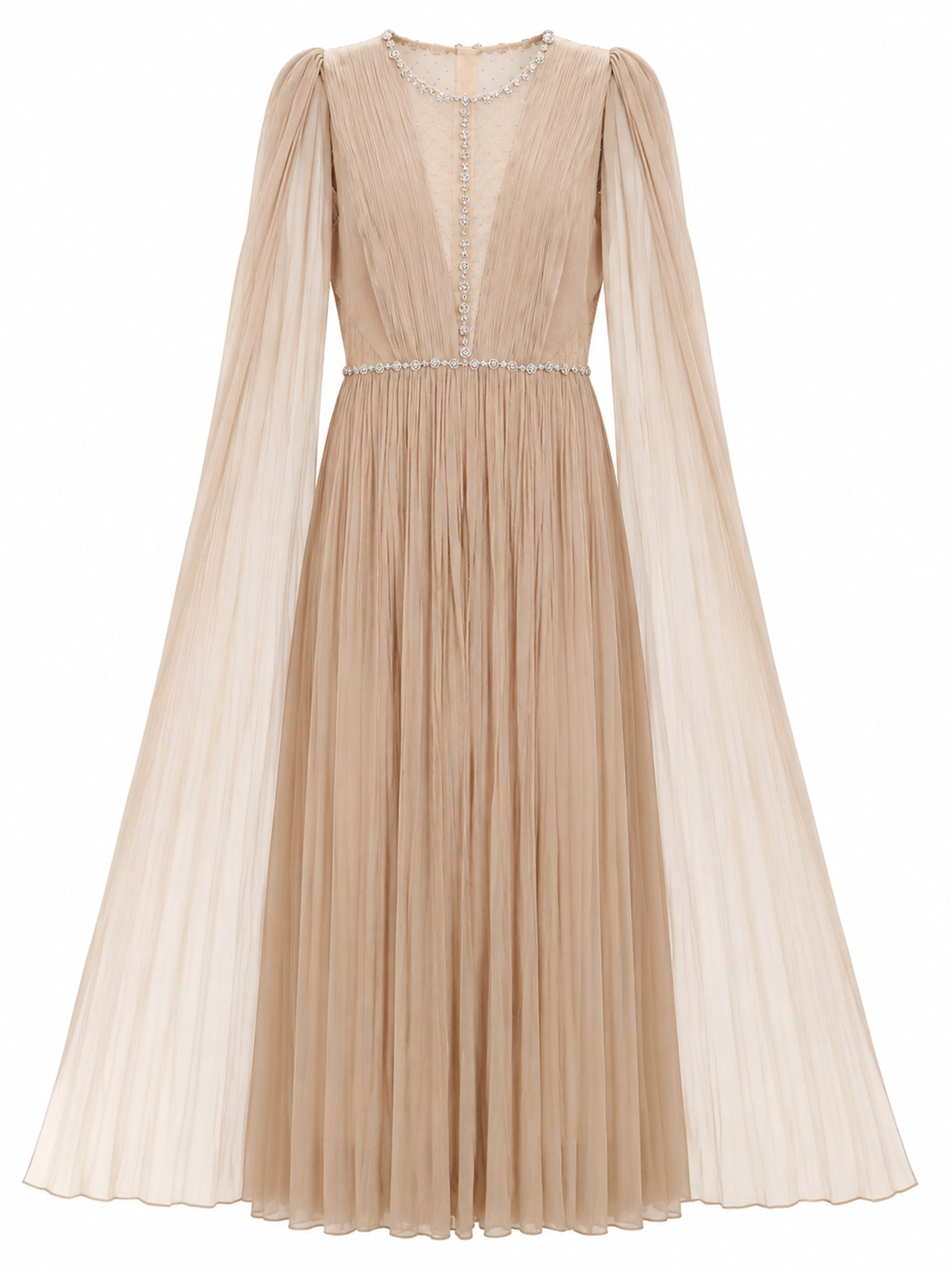 CRYSTAL-TRIM PLEATED CAPE SLEEVE GOWN