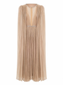 CRYSTAL-TRIM PLEATED CAPE SLEEVE GOWN