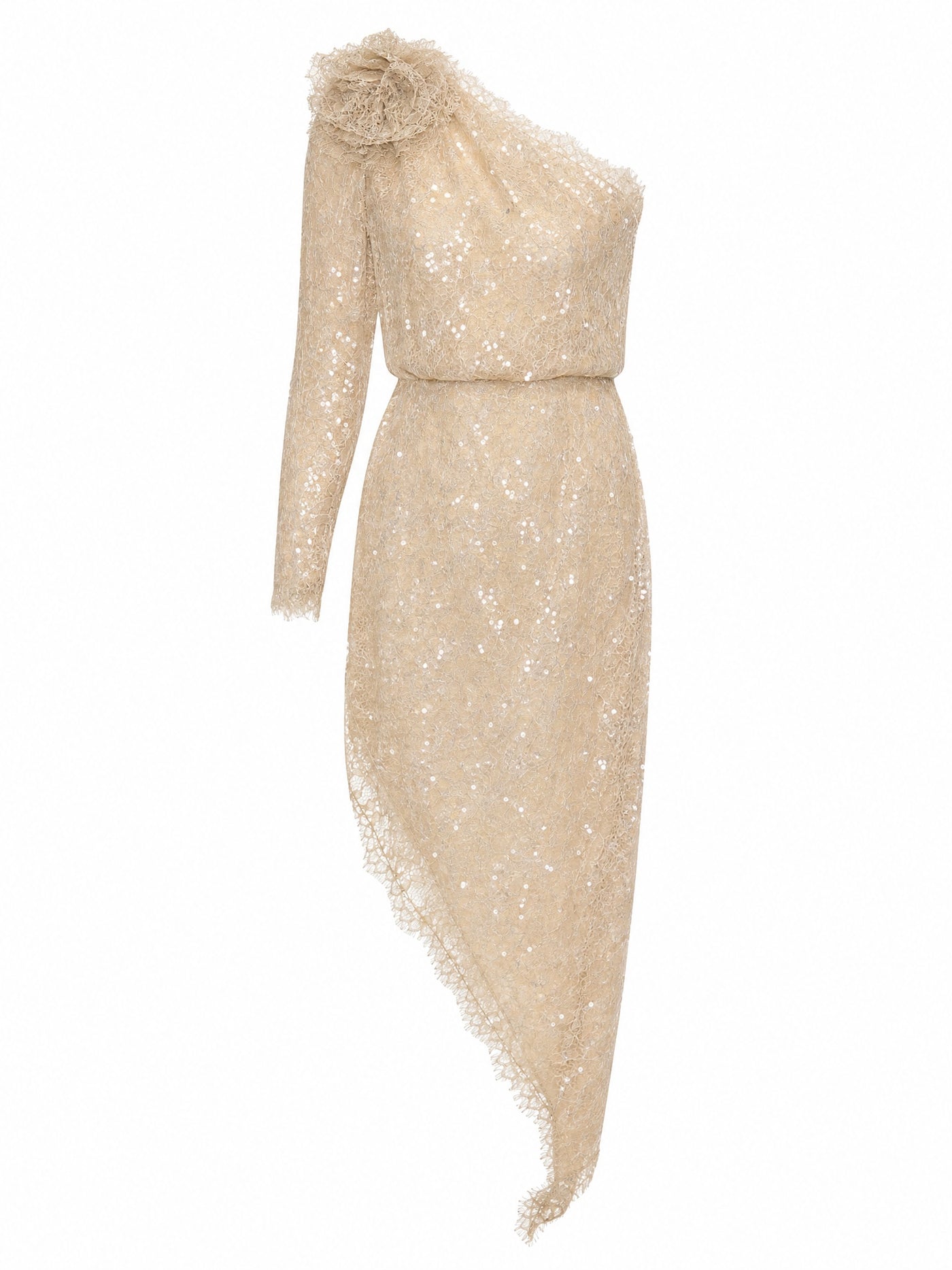 SEQUINED ONE-SHOULDER ASYMMETRIC MIDI DRESS