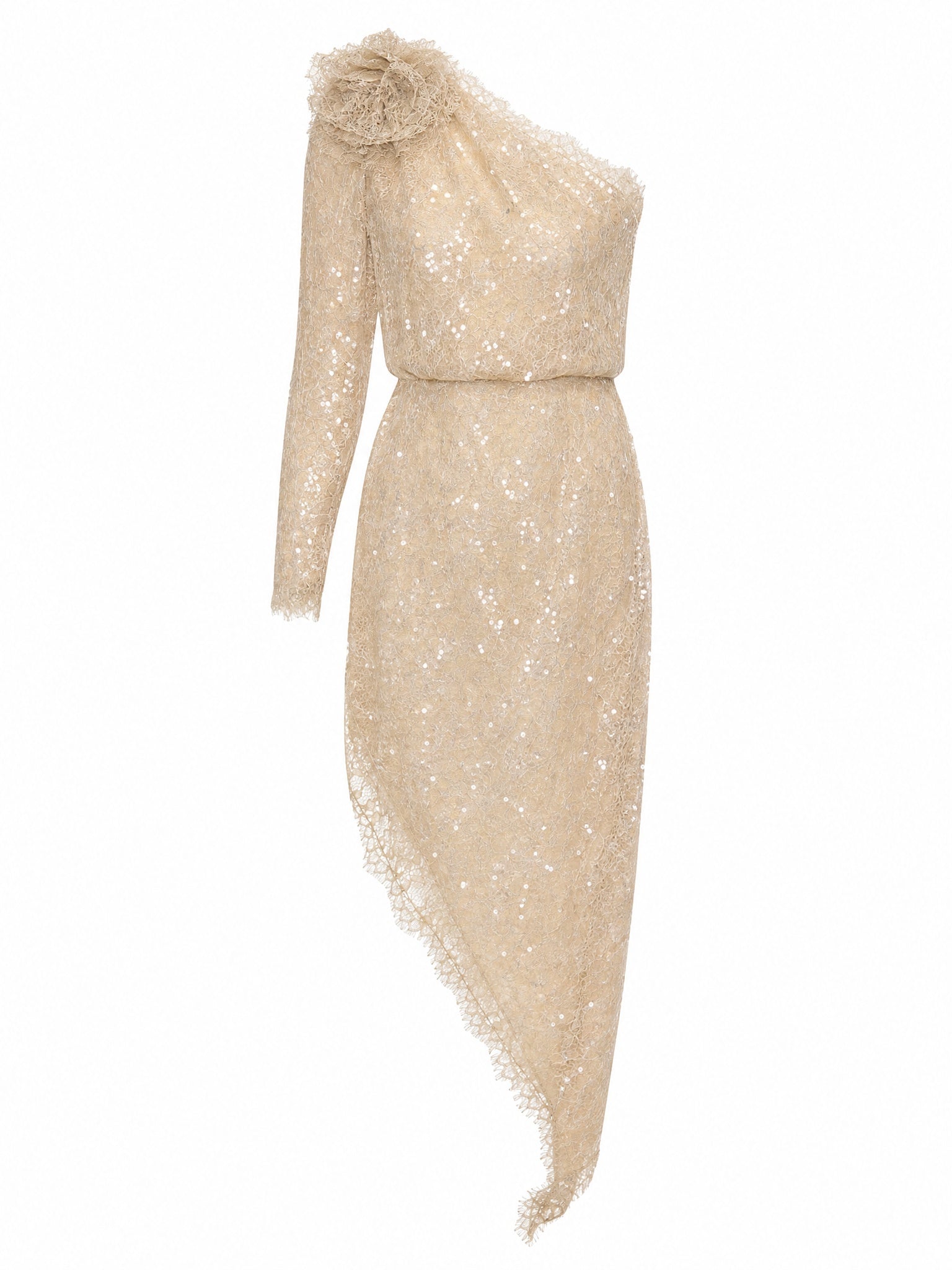 SEQUINED ONE-SHOULDER ASYMMETRIC MIDI DRESS