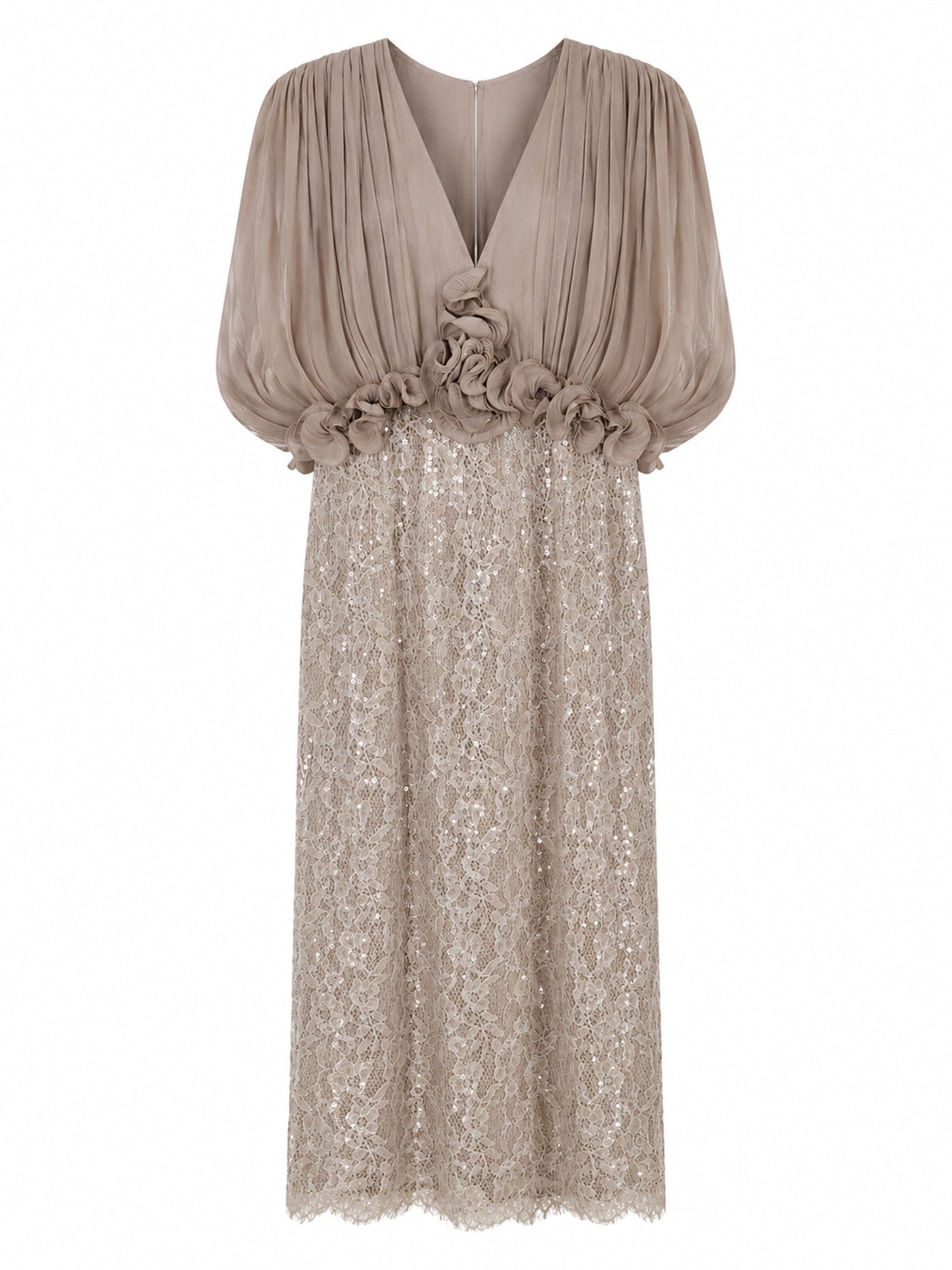 PLEATED BLOUSON LACE MIDI DRESS
