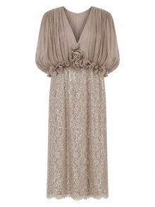 PLEATED BLOUSON LACE MIDI DRESS