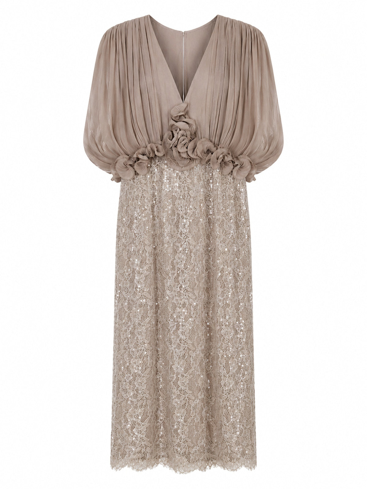 PLEATED BLOUSON LACE MIDI DRESS