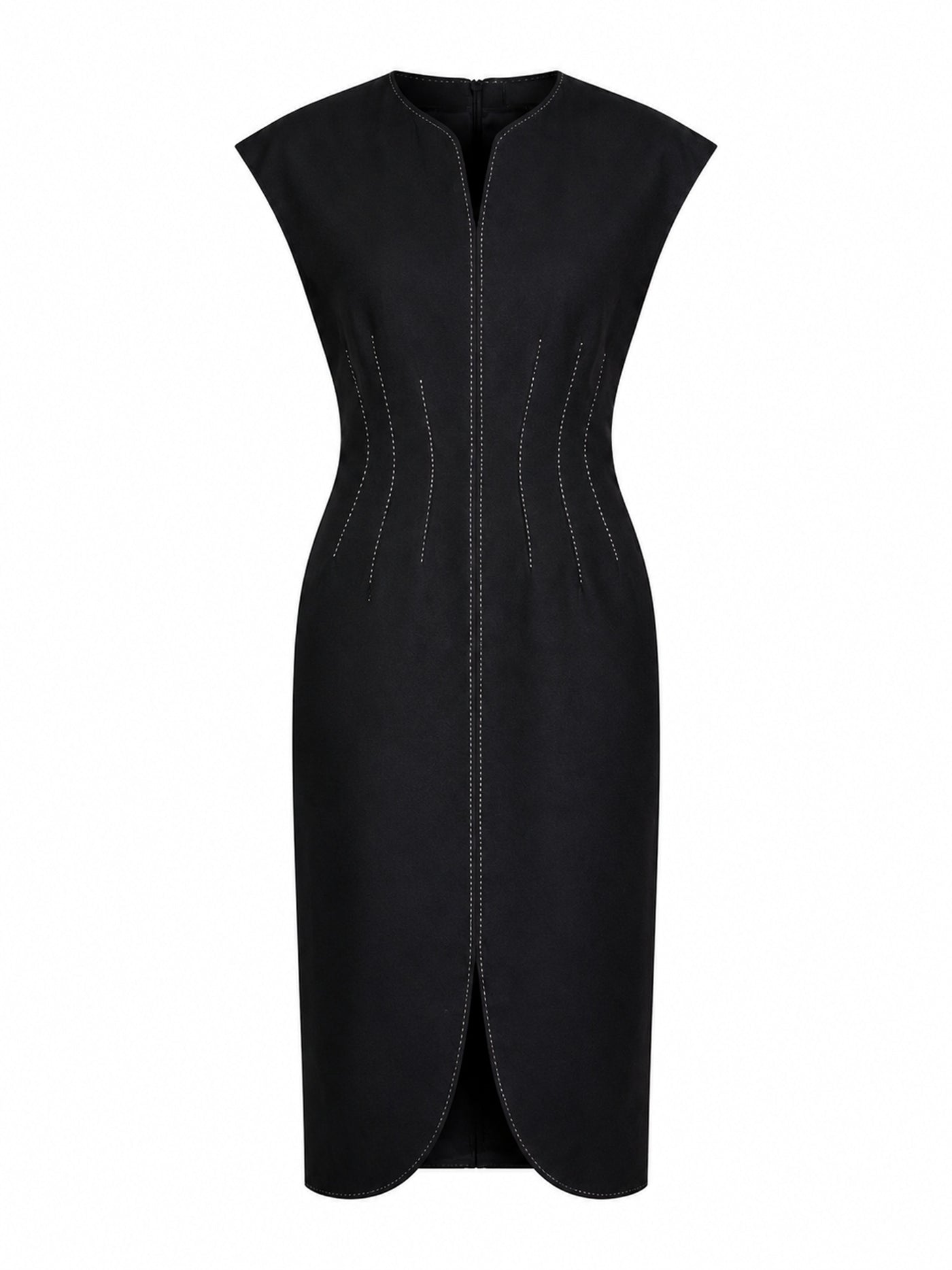 TOPSTITCH DETAIL V-NECK MIDI DRESS