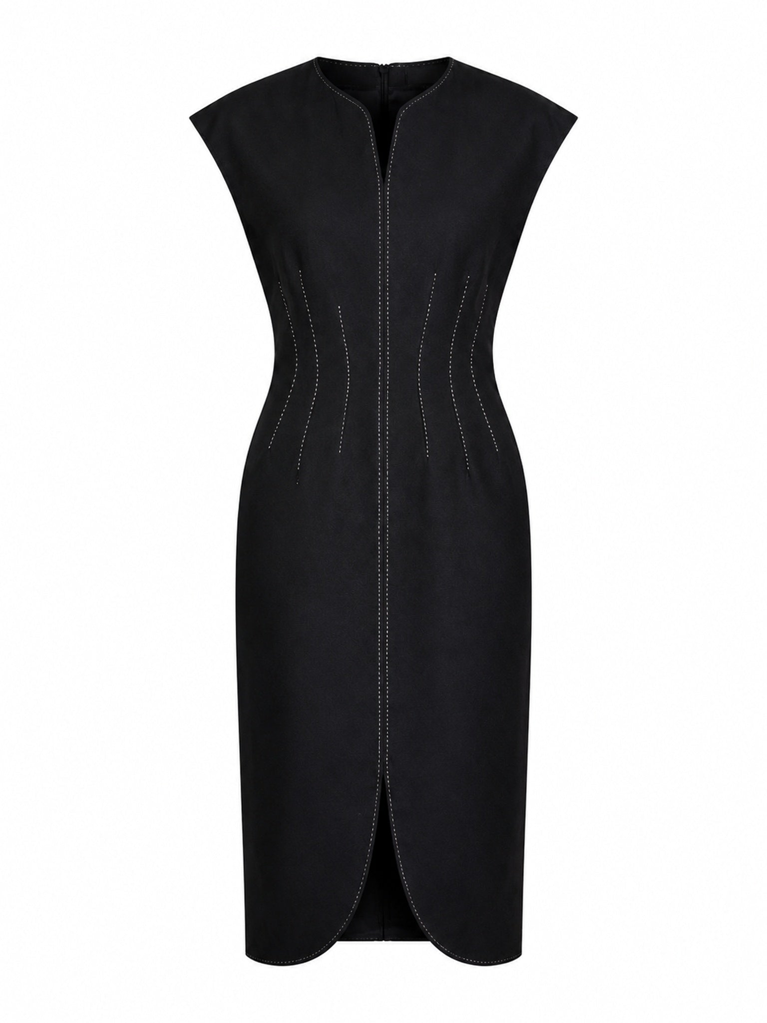 TOPSTITCH DETAIL V-NECK MIDI DRESS