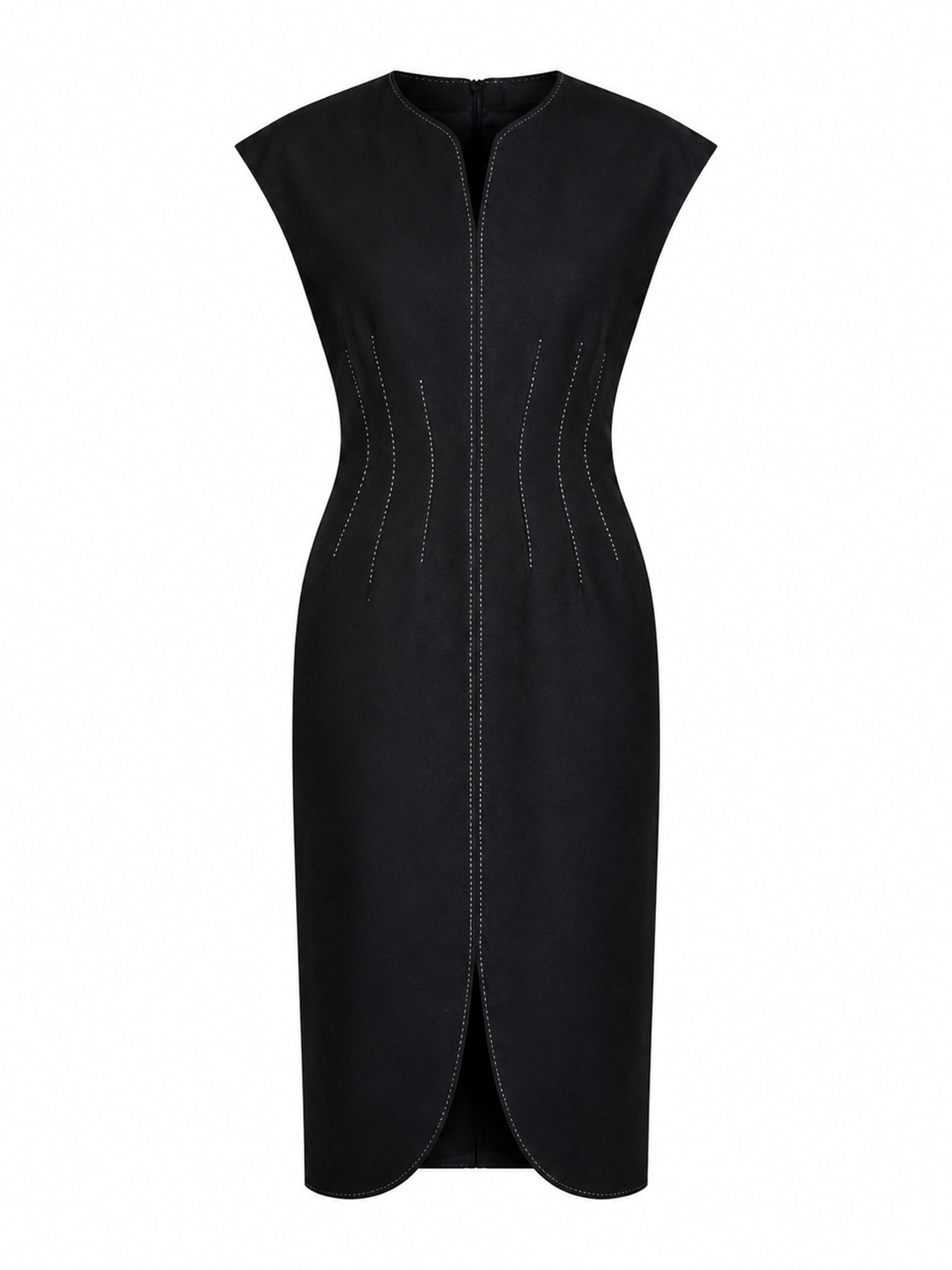 TOPSTITCH DETAIL V-NECK MIDI DRESS