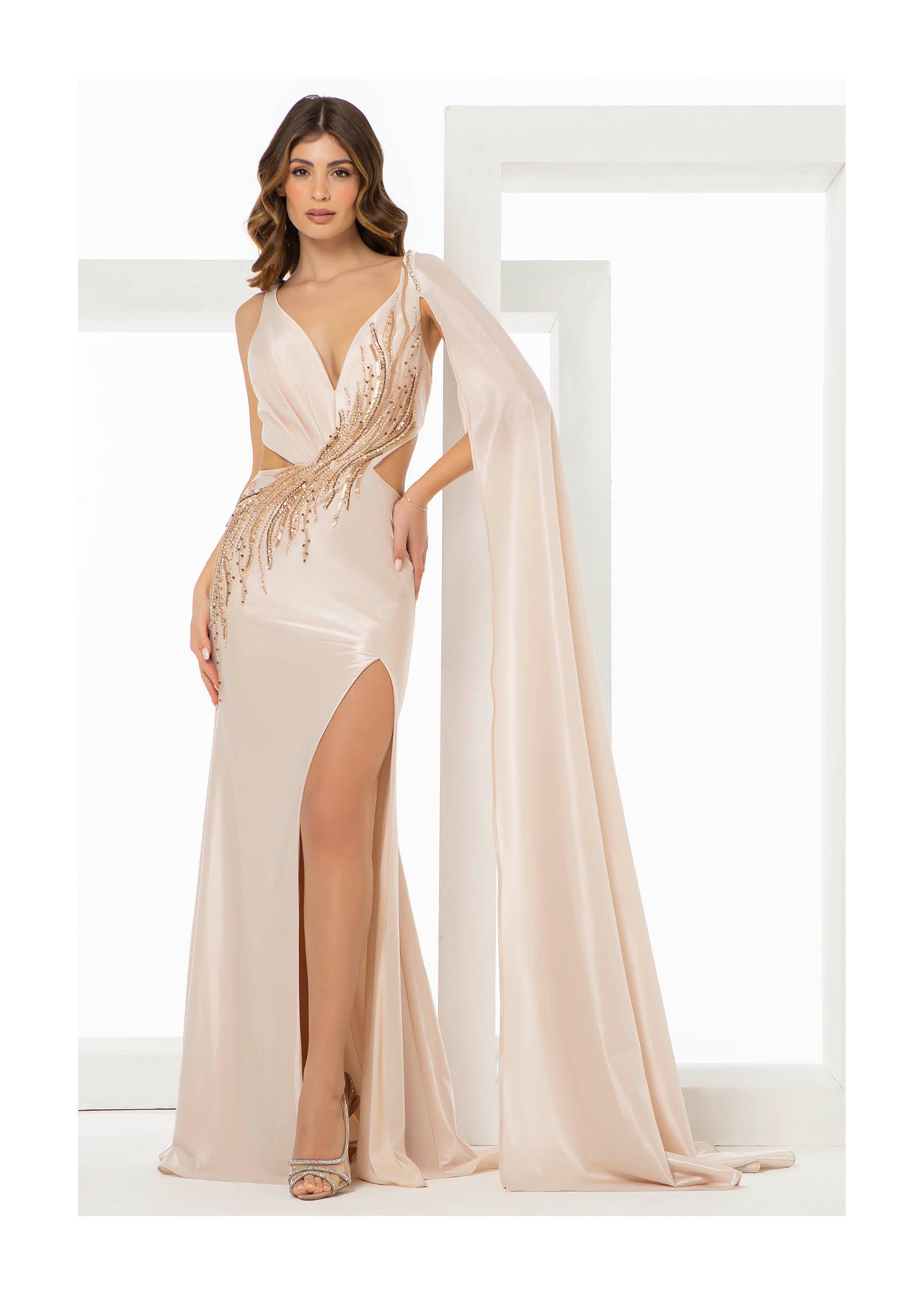 DRAPED GOWN WITH EMBROIDERED CUTOUT