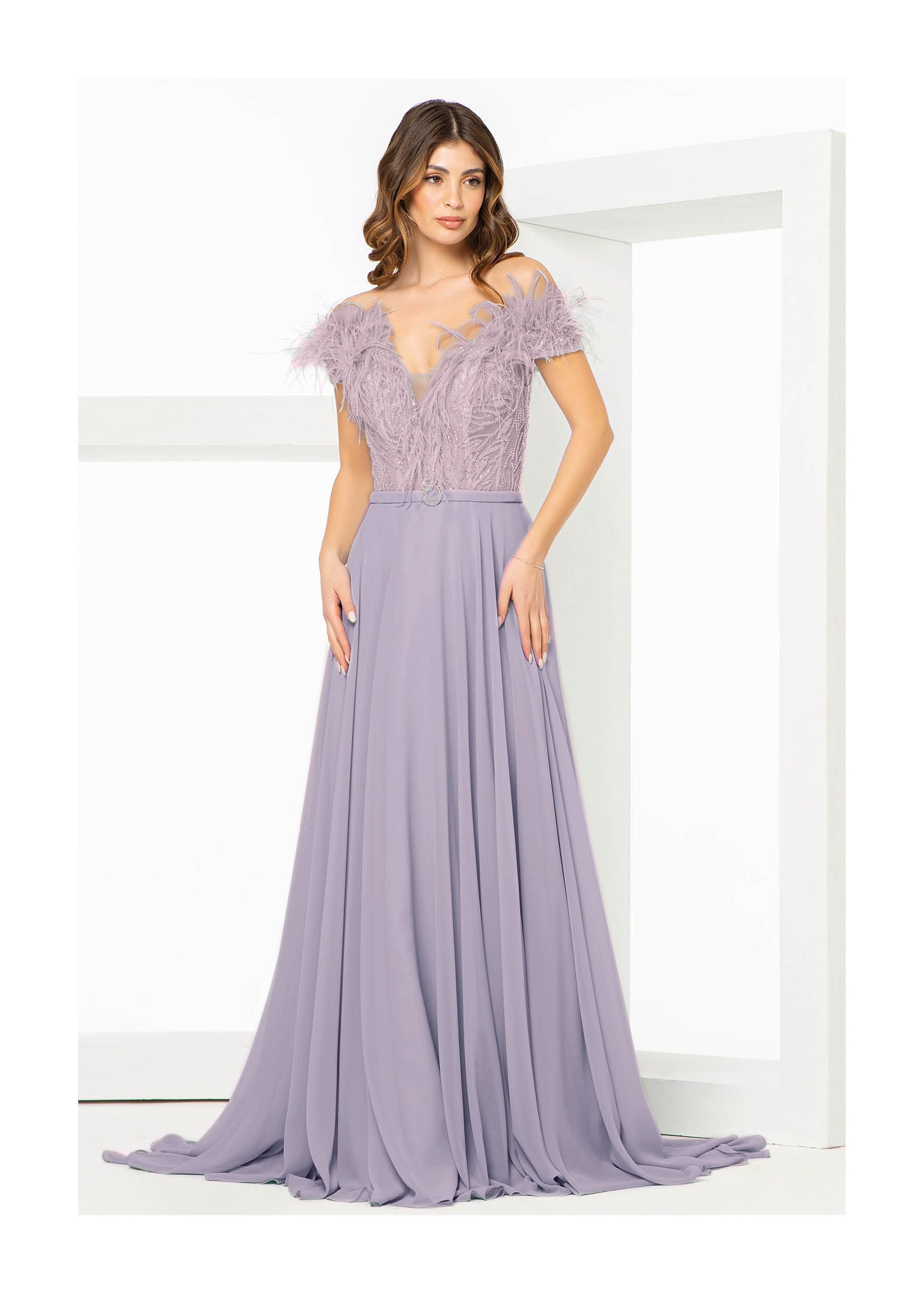 PLUNGING FEATHERED MESH GOWN