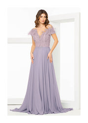 PLUNGING FEATHERED MESH GOWN