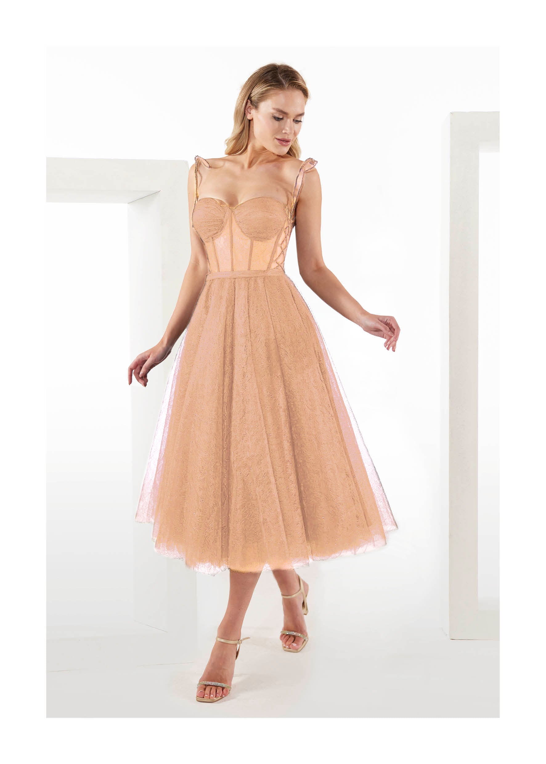 CORSET MIDI DRESS IN LACE TULLE