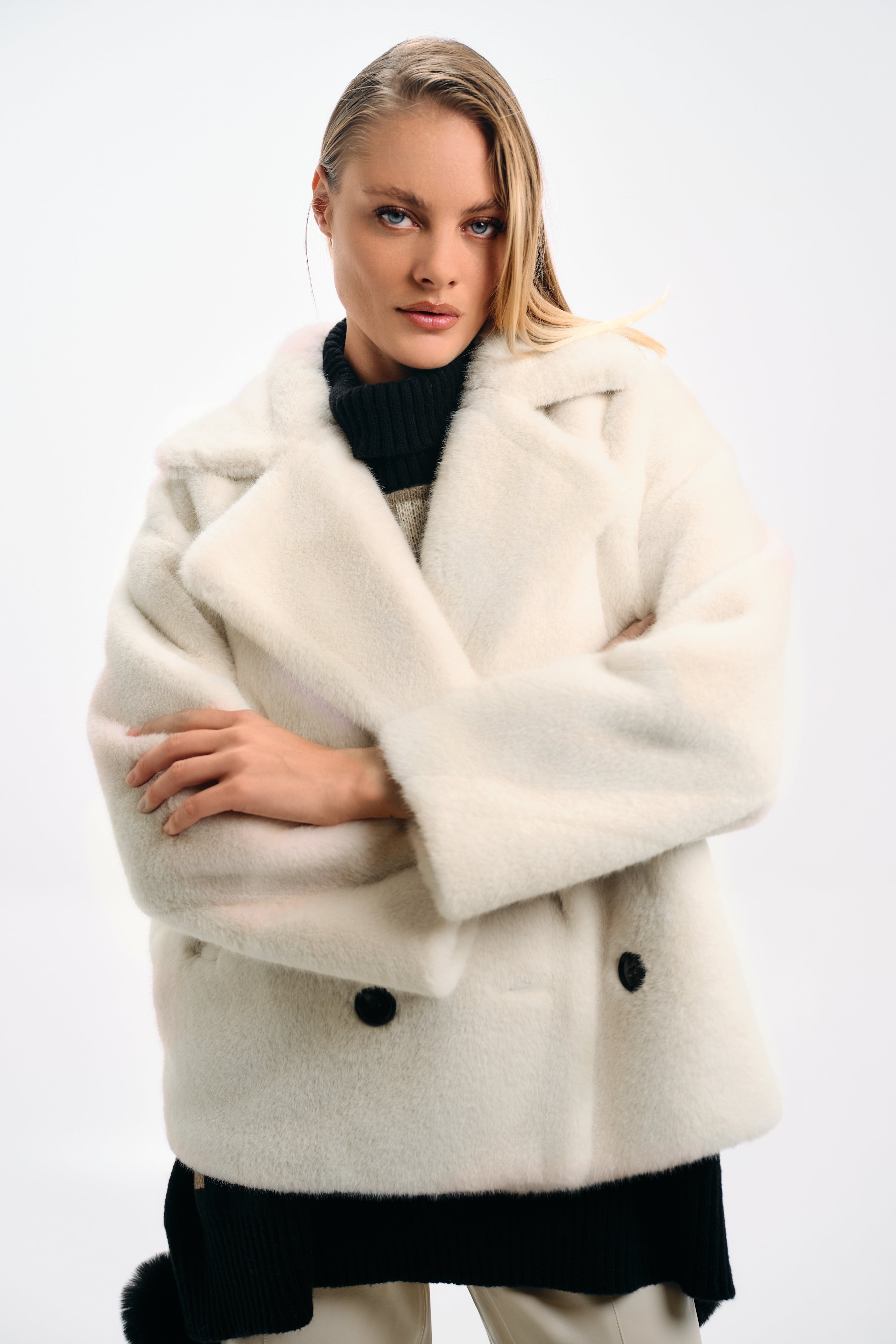 FAUX FUR DOUBLE-BREASTED COAT