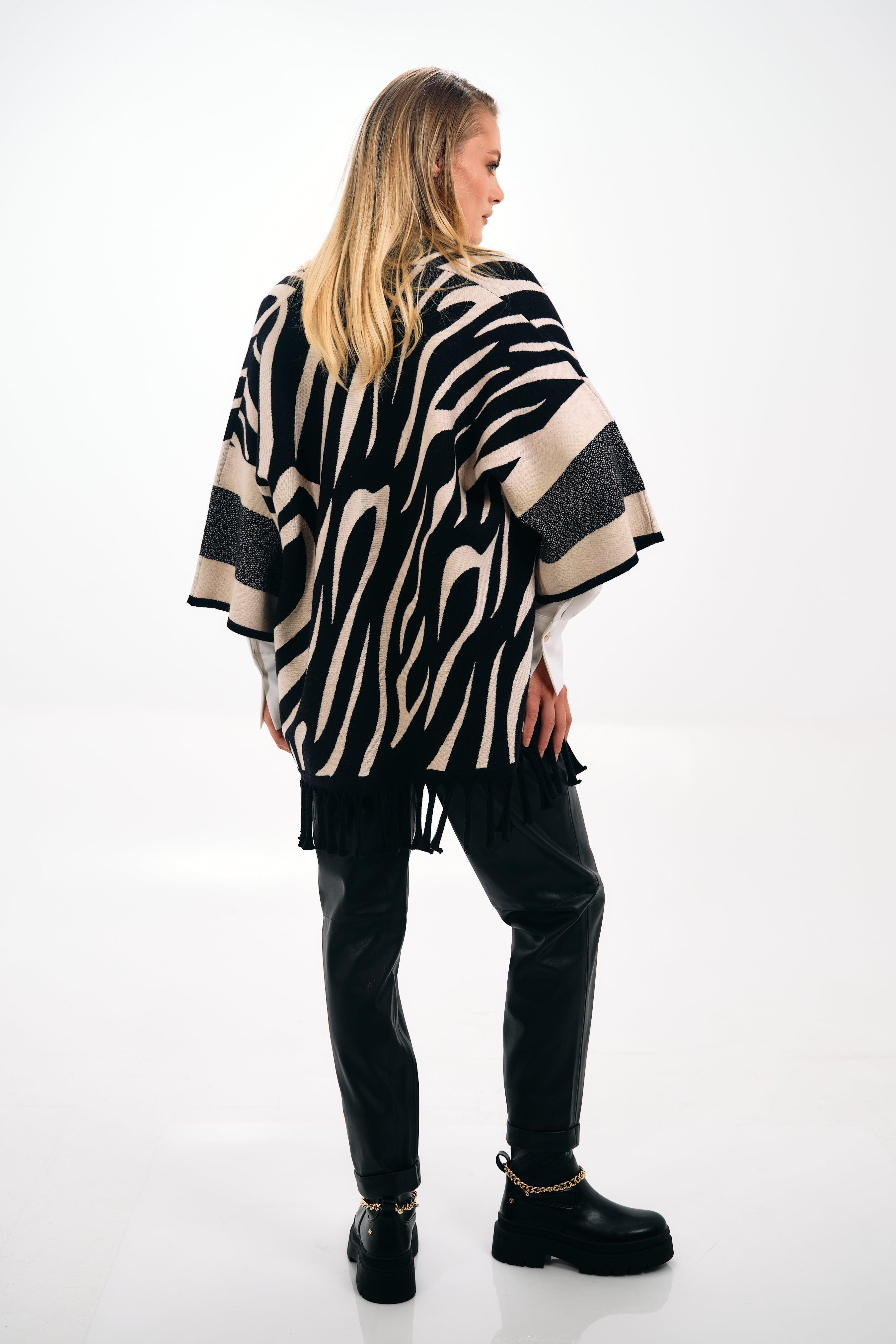 ZEBRA PRINT FRINGED CAPE