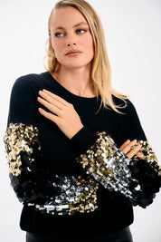 SEQUIN SLEEVE KNIT SWEATER