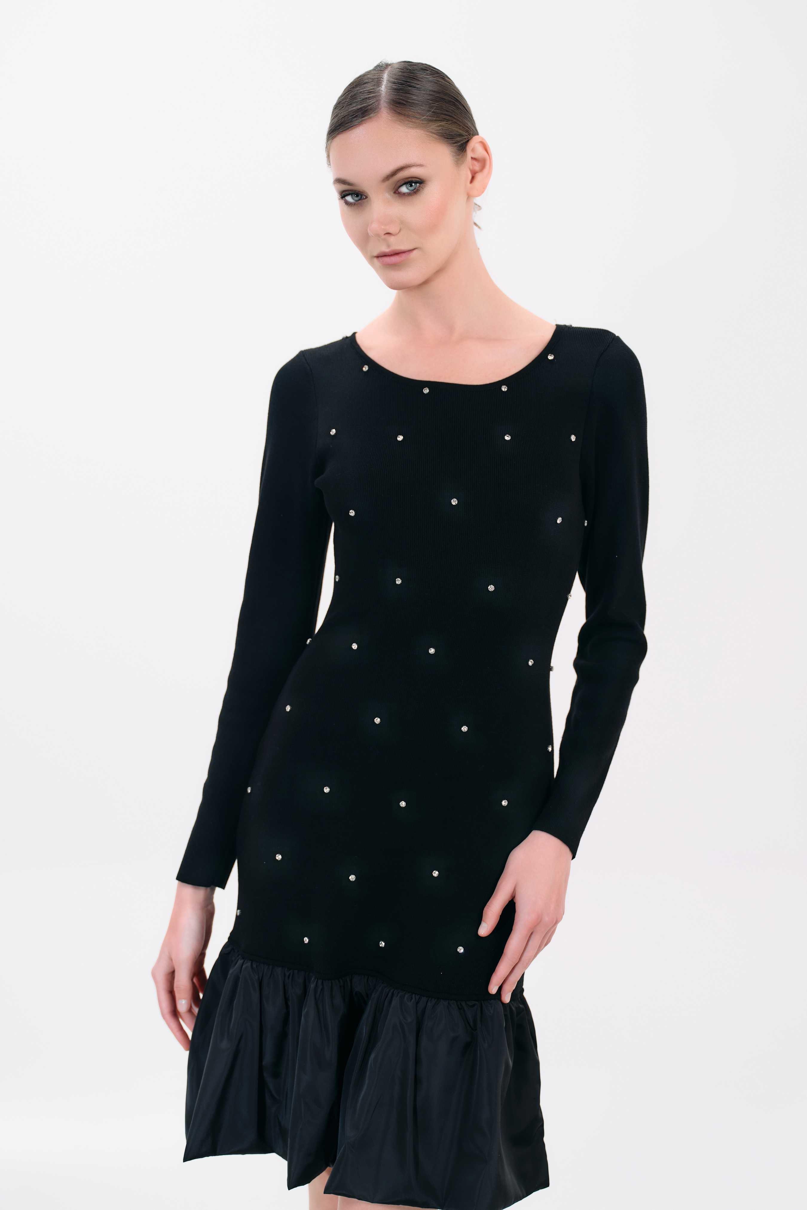 BLACK EMBELLISHED DROP-WAIST MIDI DRESS