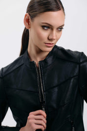 BLACK LEATHER JACKET WITH STITCH DETAILING