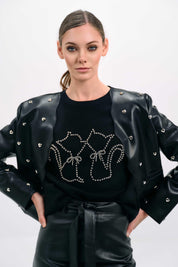 BLACK LEATHER JACKET WITH HEART STUDS