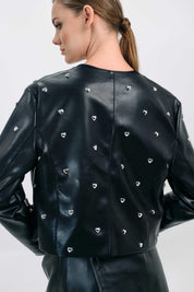 BLACK LEATHER JACKET WITH HEART STUDS