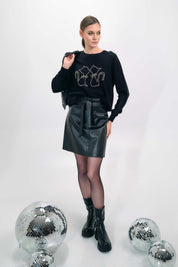 BLACK SWEATER WITH RHINESTONE CAT DESIGN