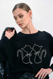 BLACK SWEATER WITH RHINESTONE CAT DESIGN