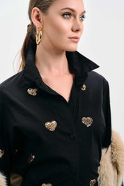 BLACK SHIRT WITH GOLD SEQUIN HEART DETAILS