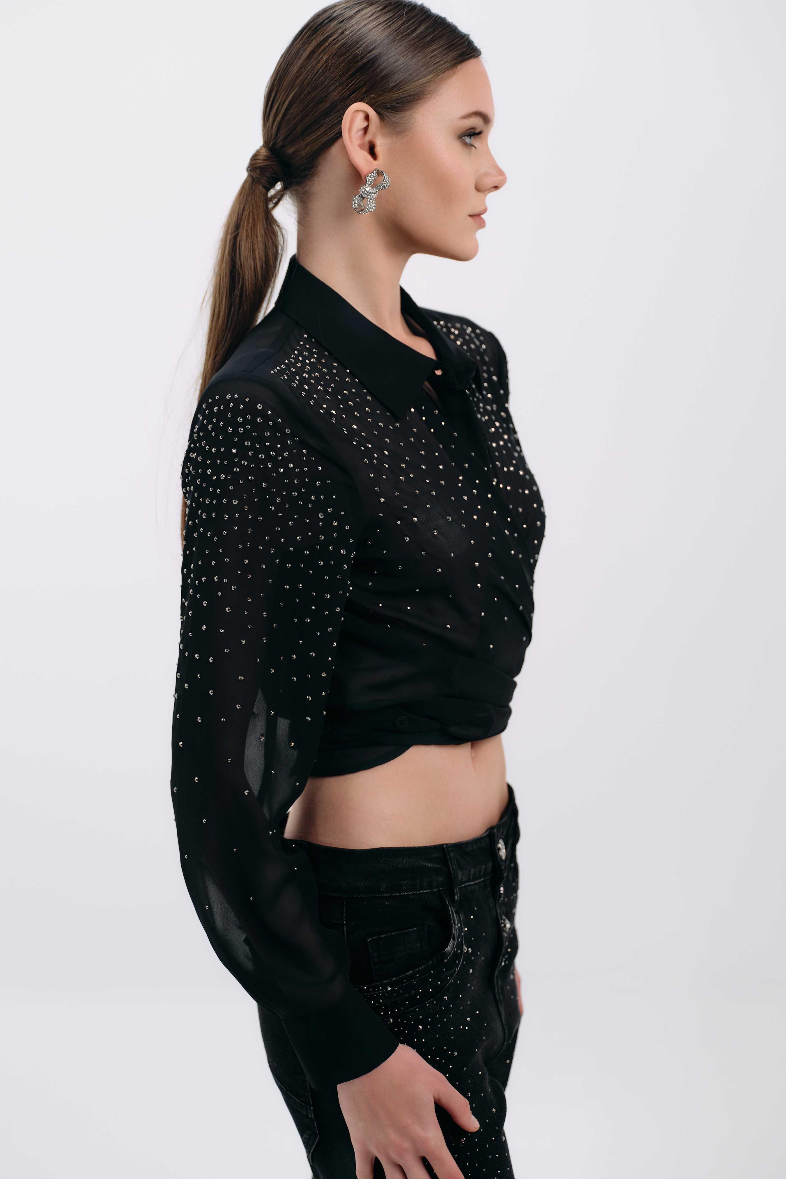 BLACK EMBELLISHED SHEER BLOUSE