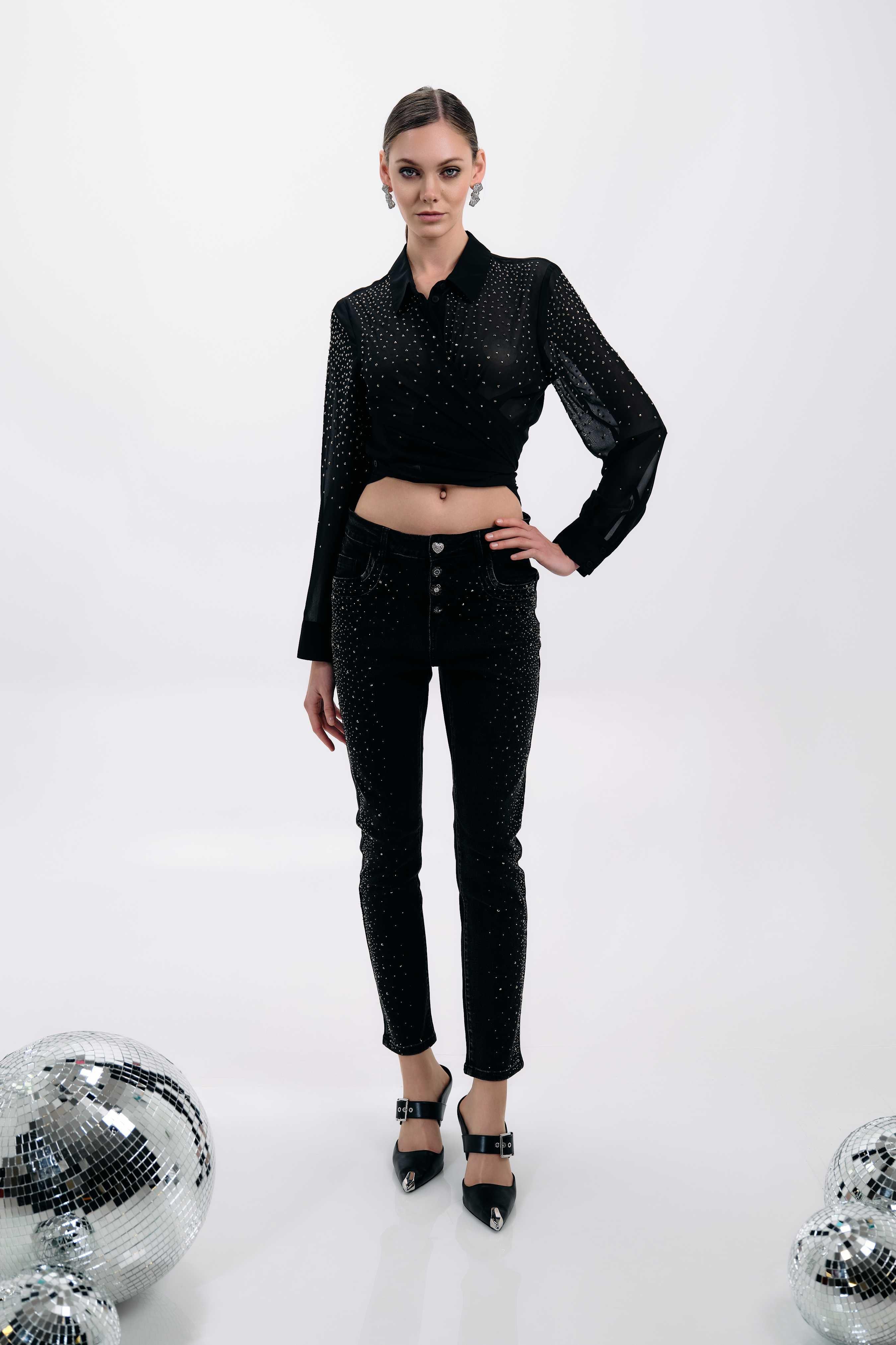 BLACK EMBELLISHED STRAIGHT-LEG PANTS