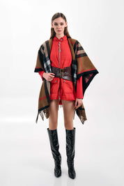 TAN CHECKERED WOOL PONCHO WITH FRINGES
