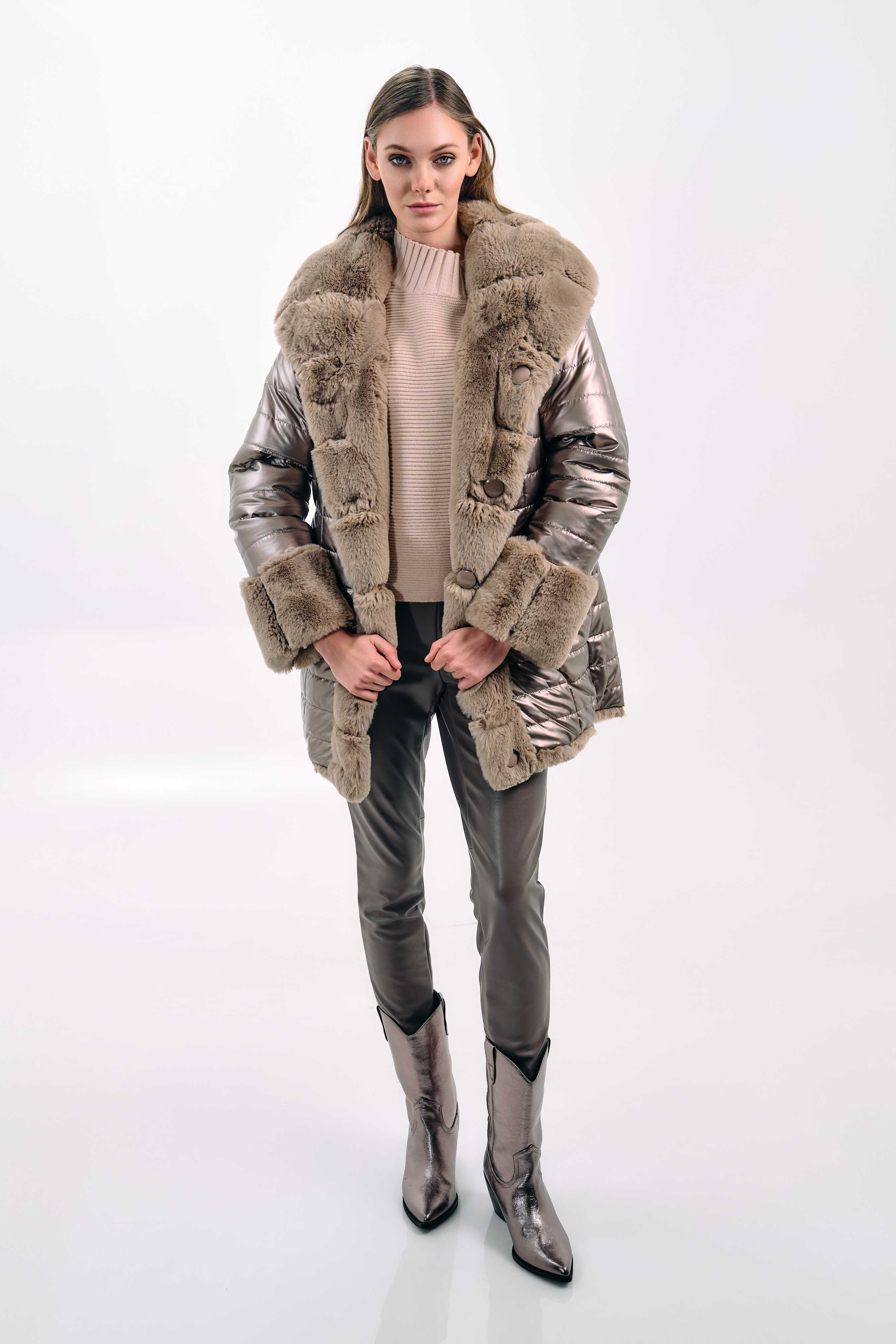 METALLIC HOODED FAUX-FUR TRIMMED JACKET