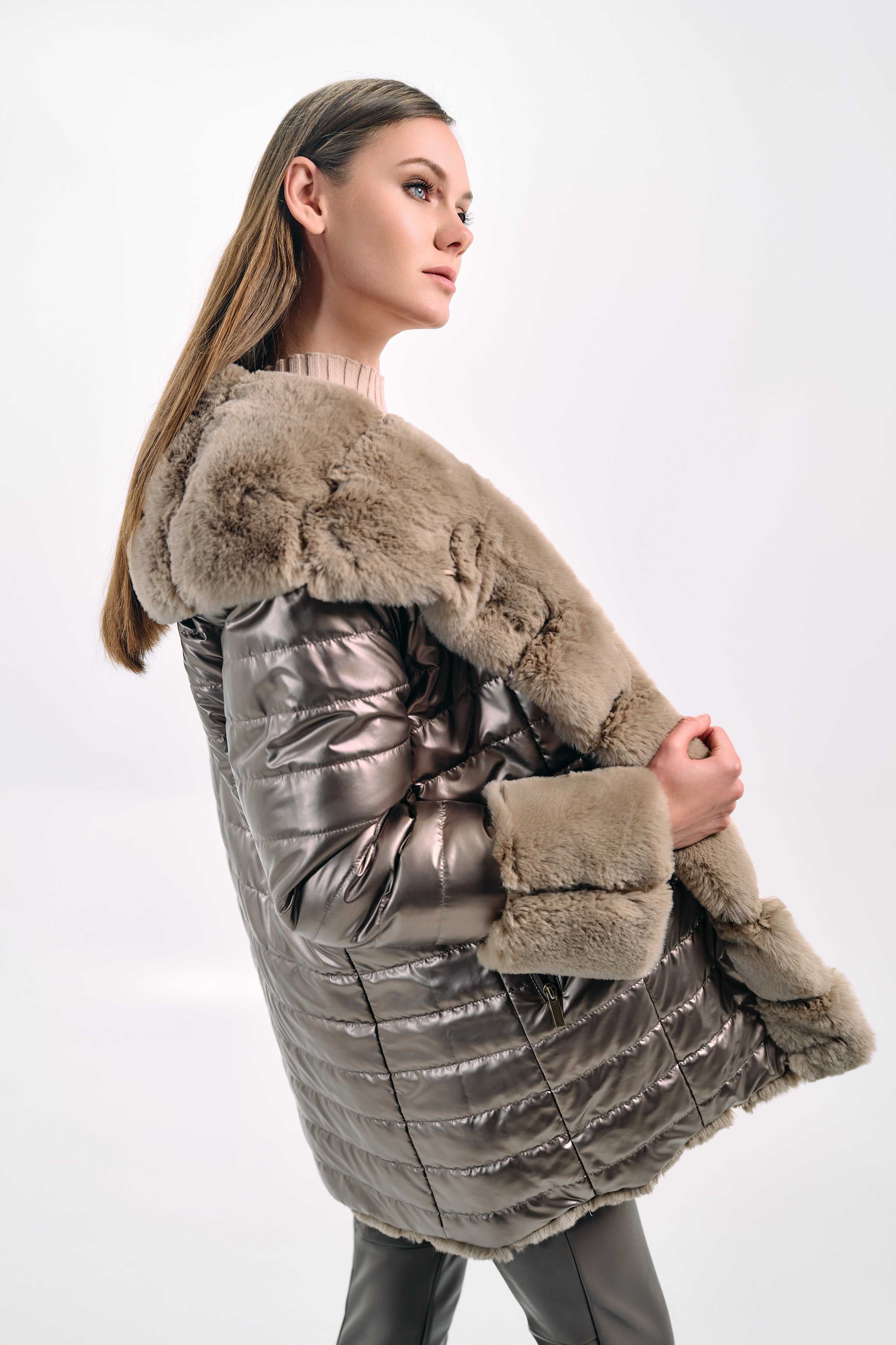 METALLIC HOODED FAUX-FUR TRIMMED JACKET