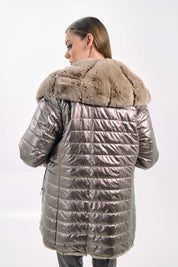 METALLIC HOODED FAUX-FUR TRIMMED JACKET