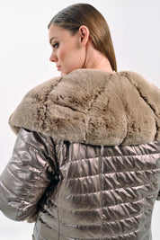 METALLIC HOODED FAUX-FUR TRIMMED JACKET