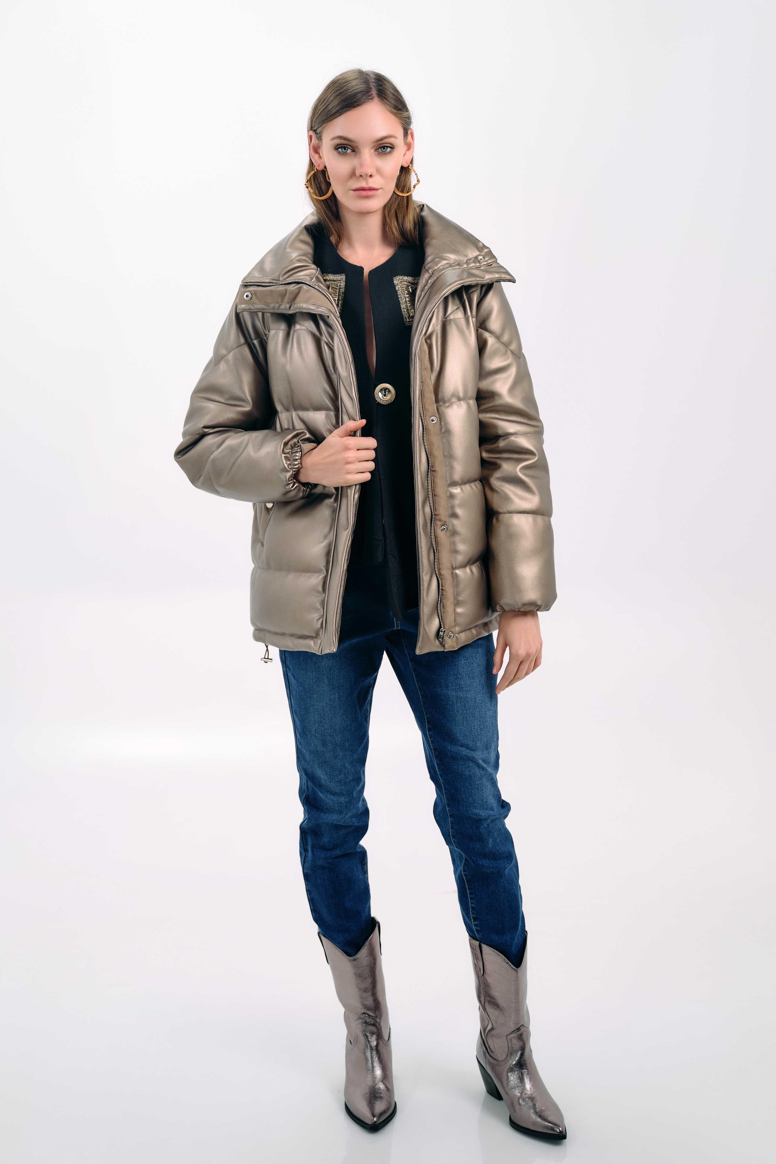 GOLD PUFFER JACKET WITH HIGH COLLAR