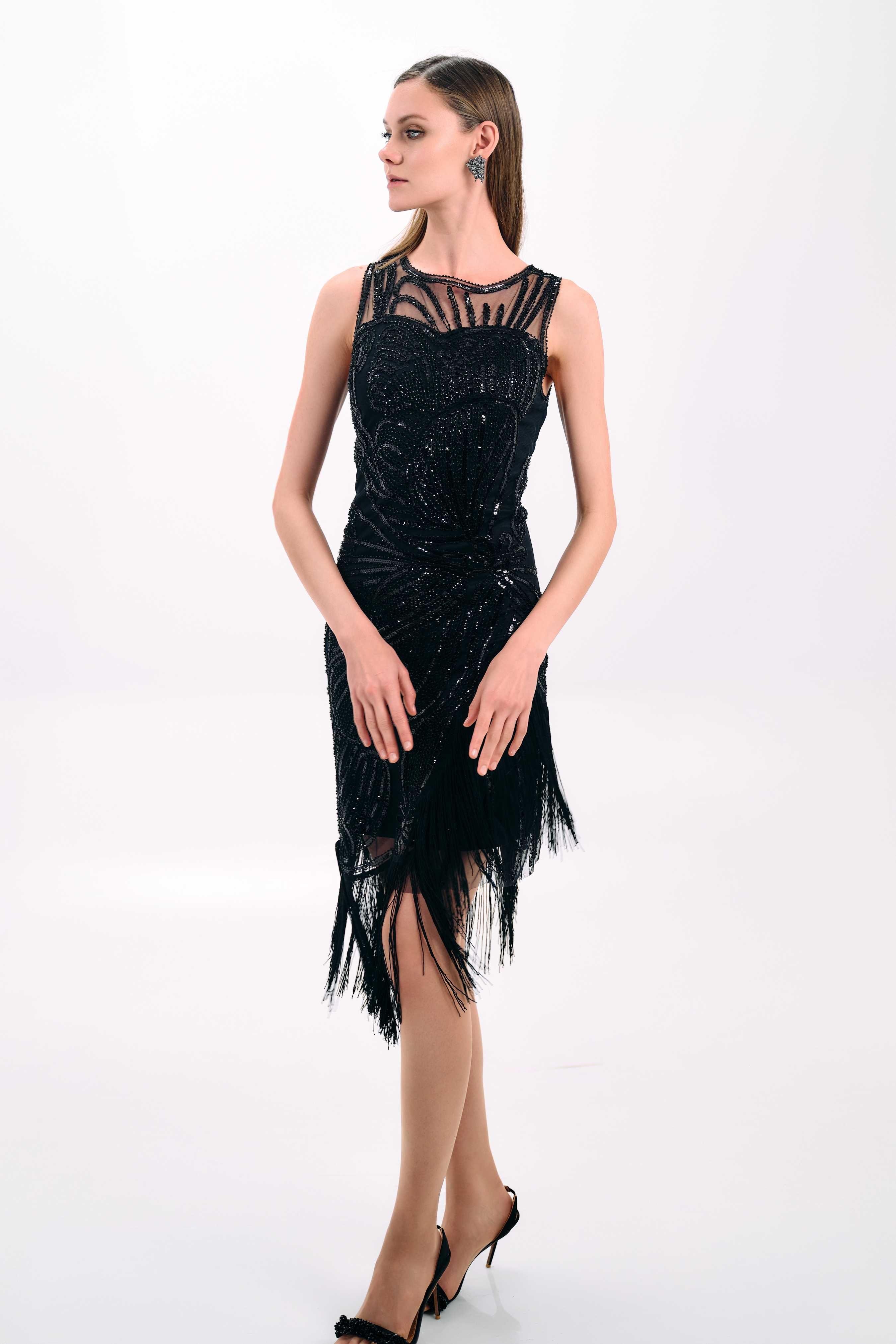 BLACK BEADED ASYMMETRIC FRINGE DRESS