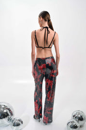 BLACK AND RED FLORAL SEQUIN TOP AND PANTS SET