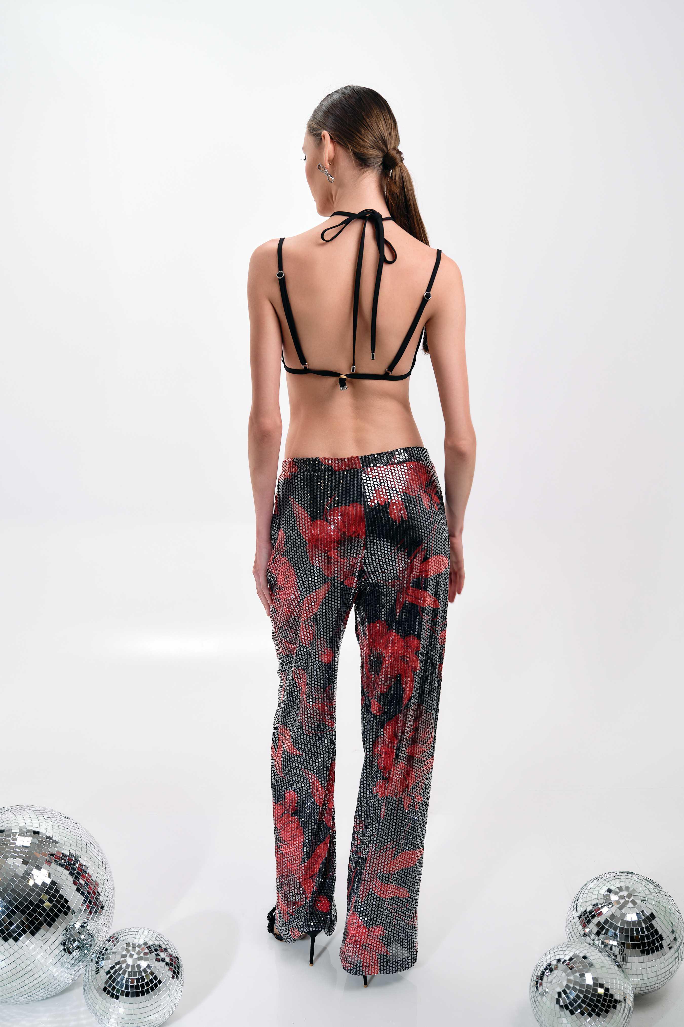 BLACK AND RED FLORAL SEQUIN TOP AND PANTS SET