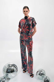 BLACK AND RED FLORAL SEQUIN TOP AND PANTS SET