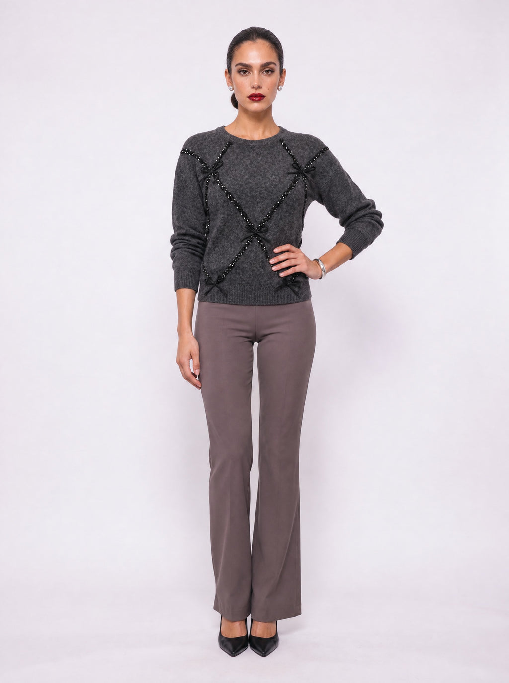 SEQUIN BOW BRUSHED KNIT SWEATER