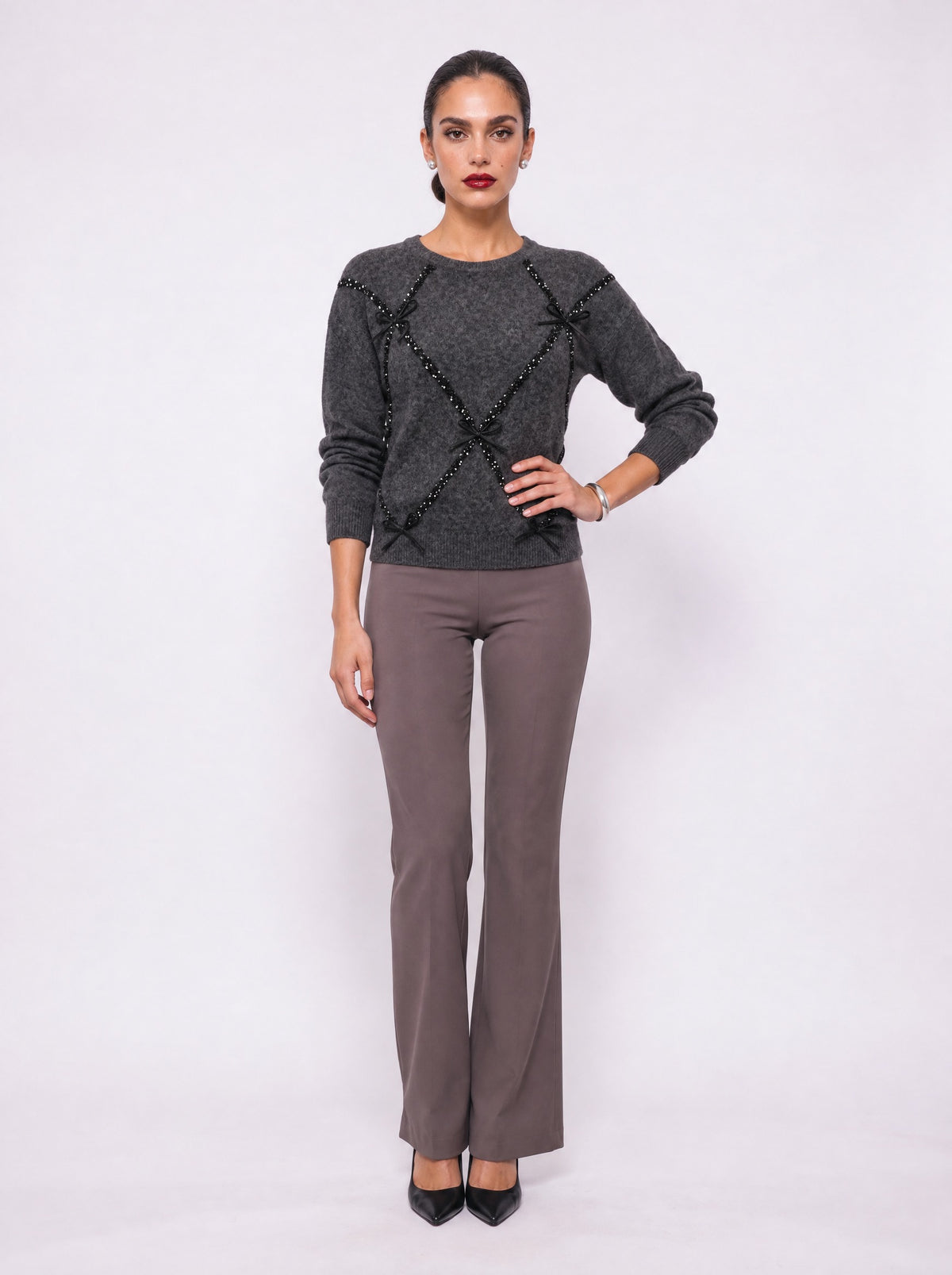 SEQUIN BOW BRUSHED KNIT SWEATER
