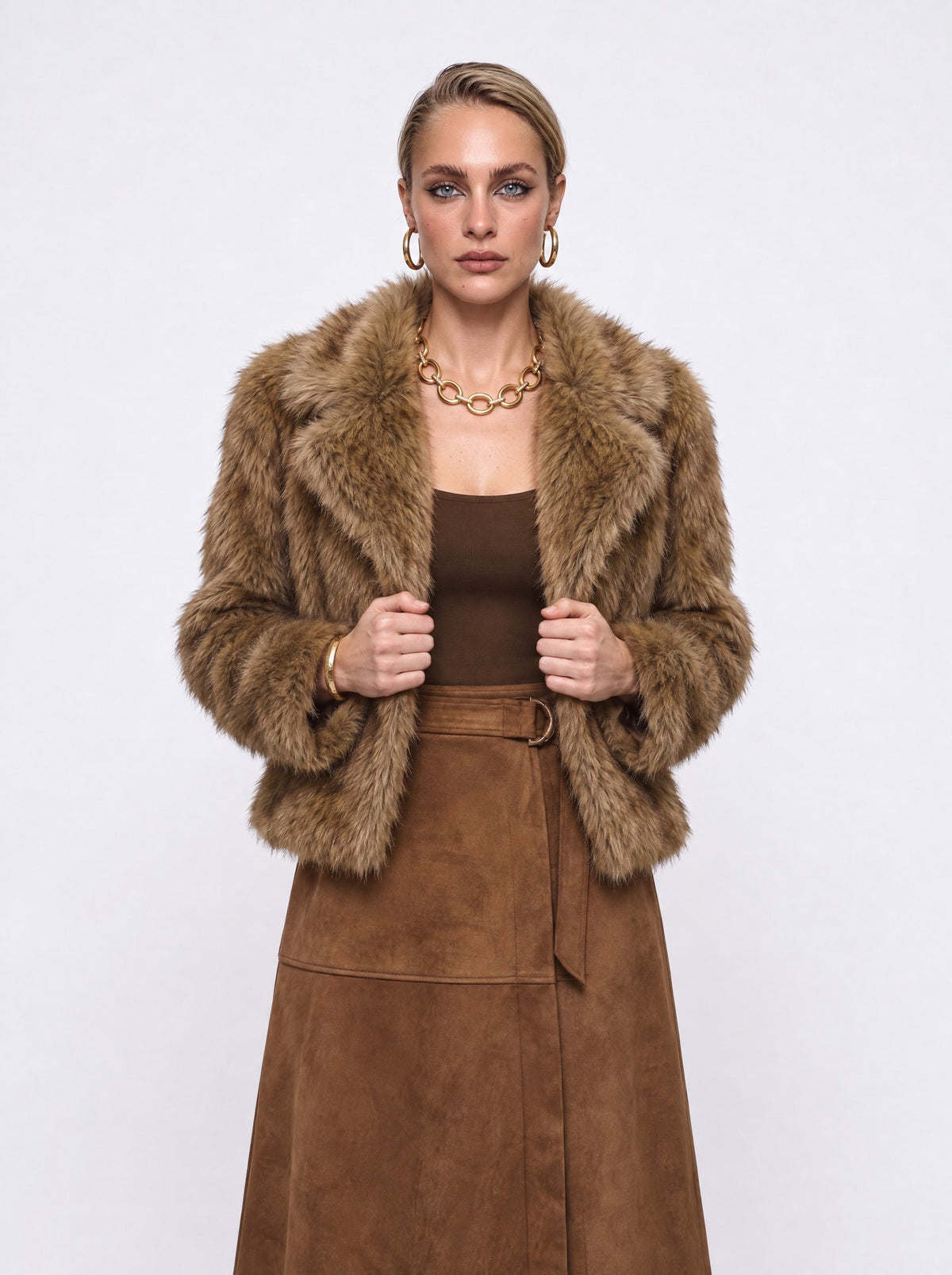 NOTCH COLLAR FAUX FUR CROPPED JACKET