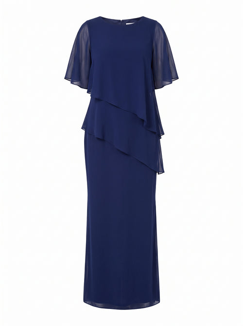 TIERED CHIFFON FLUTTER-SLEEVE MAXI DRESS