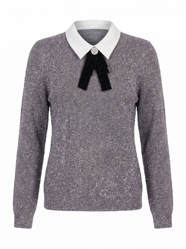 VELVET BOW COLLAR METALLIC KNIT