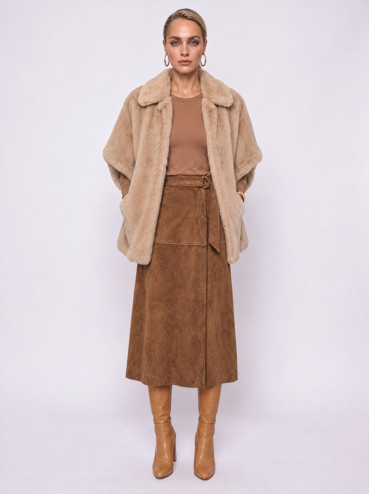 FAUX FUR CAPE COAT WITH POINTED COLLAR