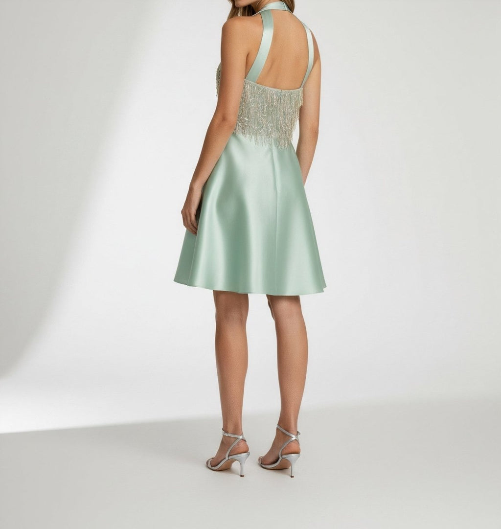 EMBELLISHED HALTER SATIN DRESS
