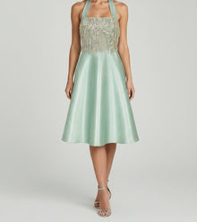 EMBELLISHED HALTER SATIN DRESS