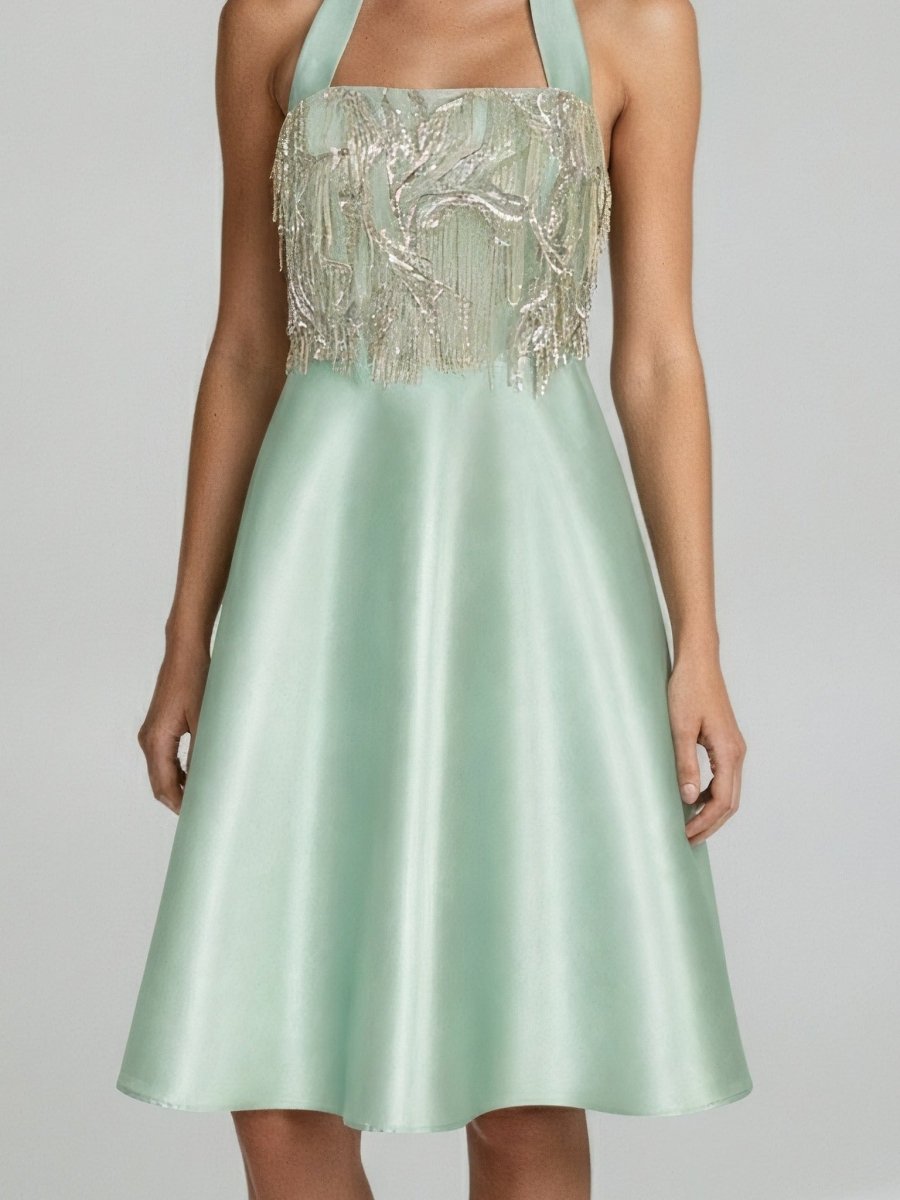 EMBELLISHED HALTER SATIN DRESS