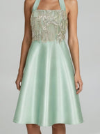EMBELLISHED HALTER SATIN DRESS