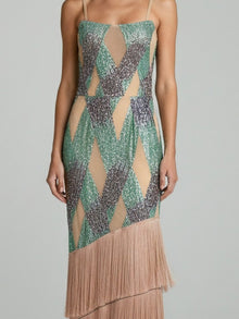 SEQUIN LATTICE FRINGE GOWN