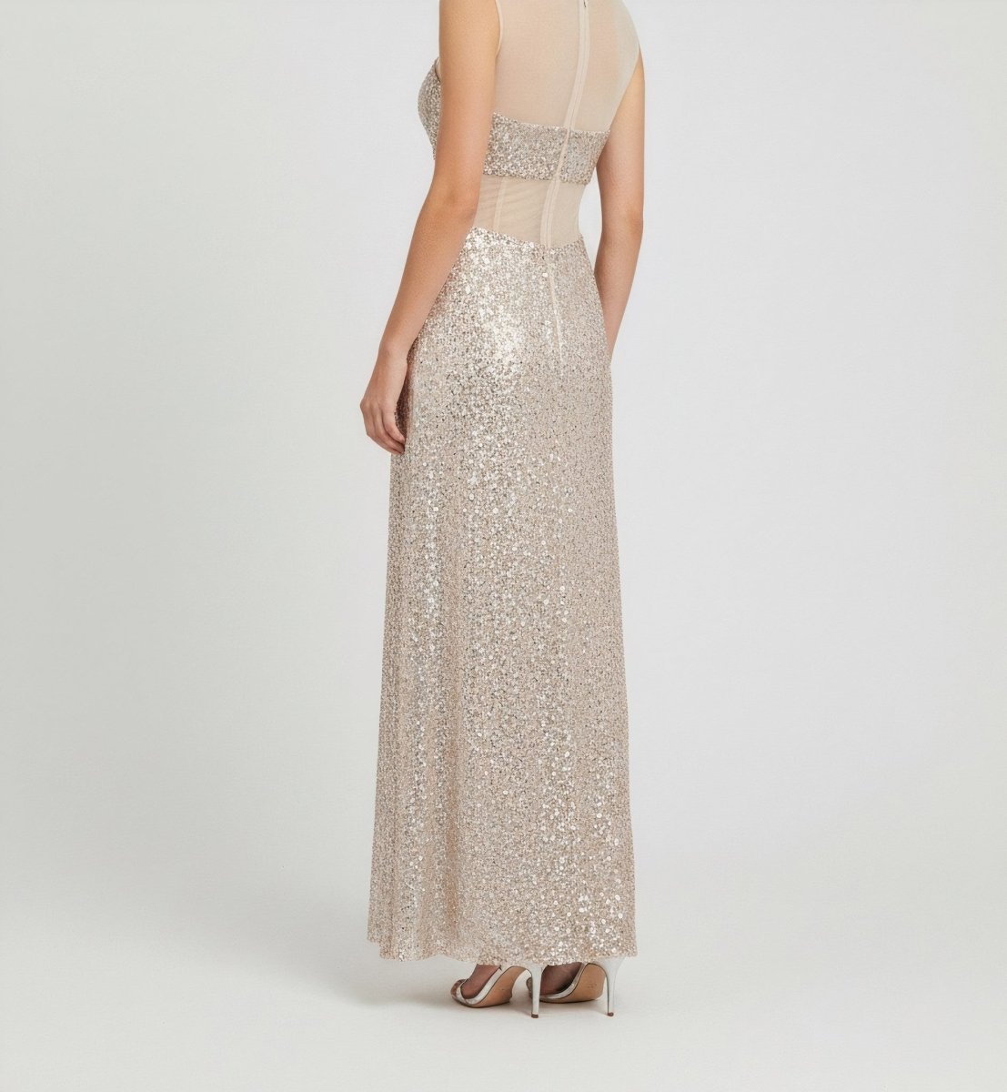SHEER PANEL SEQUIN GOWN