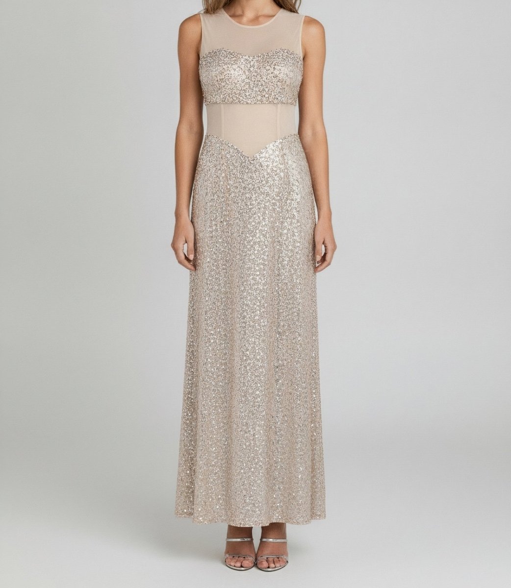 SHEER PANEL SEQUIN GOWN