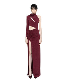 ASYMMETRIC CUTOUT RUCHED GOWN